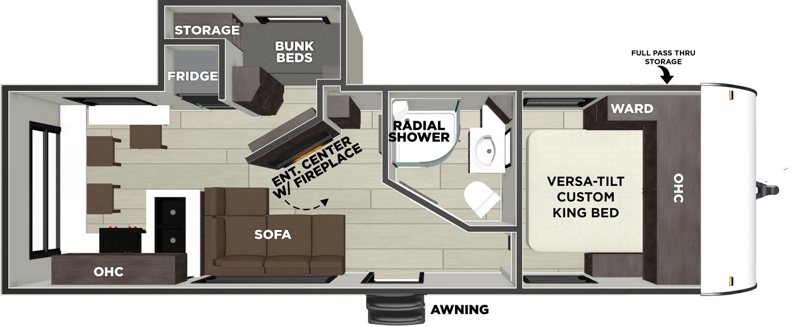 The Evo 2480VBX floorplan has one entry and one slide out. Exterior features include: metal exterior. Interiors features include: bunk beds, rear kitchen and front bedroom.